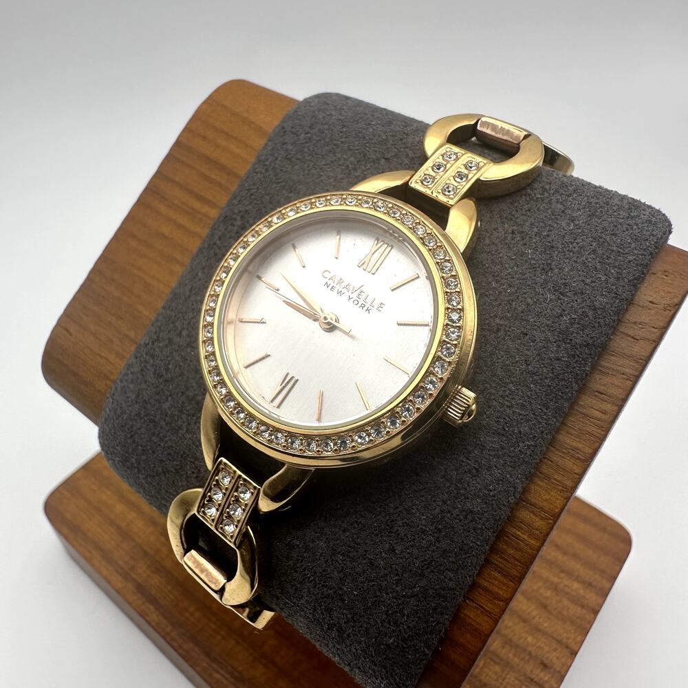 Caravelle New York Rose Gold Tone Crystal Bezel Bracelet Watch Roman Dial 44L163